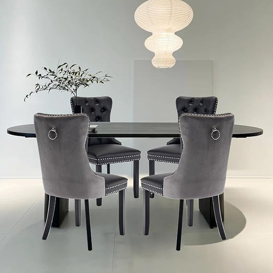 Leather Upholstered Dining Chairs Set of 4, Modern Style Kitchen Side Chairs with Nailhead Trim and Wood Leg, Metal Pulling Ring for Dining Room Living Room(Black&Grey,Set of 4)