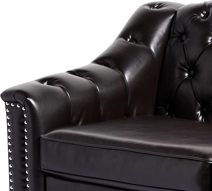LEVNARY Chesterfield Chair Leather, Upholstered Sofa Chair with High Back, Mid-Century Modern Armchair with Solid Wood Legs, Single Couches for Living Room (Brown)