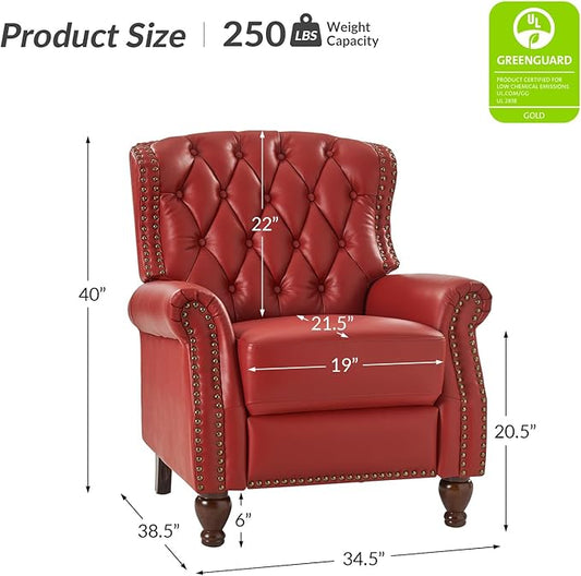 HULALA HOME Genuine Leather Recliner Chair Set of 2 w/Solid Wood Feet, Modern Adjustable Tufted Push Back Arm Chair w/Rivet Decoration, Home Theater Seating Reclining Sofa for Living Room, RED