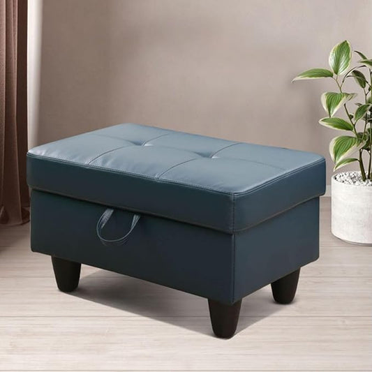 Ottoman Storage Ottoman Bench Faux Leather Footrest Footstool with Hinged Lid for Living Room, Bedroom, Entryway, Denim, 28.5"X19"X17.5"