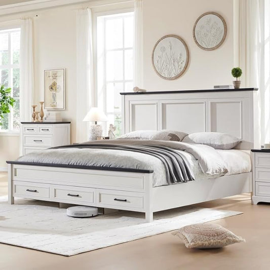 ACCOHOHO Farmhouse King Size Bed Frame with 52" Tall Headboard, Wood Platform Bedframe with Footboard and Storage Drawers, No Squeak, No Box Spring Needed, Off White