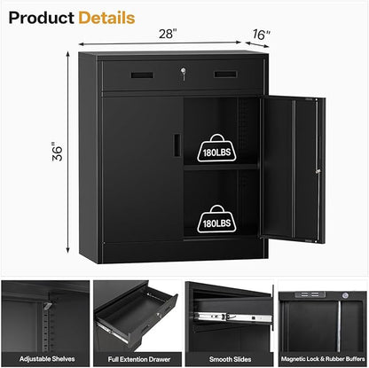 Steel Storage Cabinets，Metal Storage Cabinet with 1 Locking Drawers, Locking Storage Cabinets for Office, Home, Garage, Warehouse 37" H x 31.5" W x 15.7" D (Black)