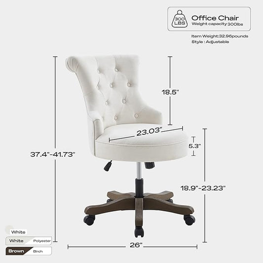 Home Office Chair Adjustable Height Swivel Chair with Wheels Linen Fabric Upholstered Computer Desk Chair with Wooden Legs Comfortable Armless Chair for Home Office Study Studio(Beige)