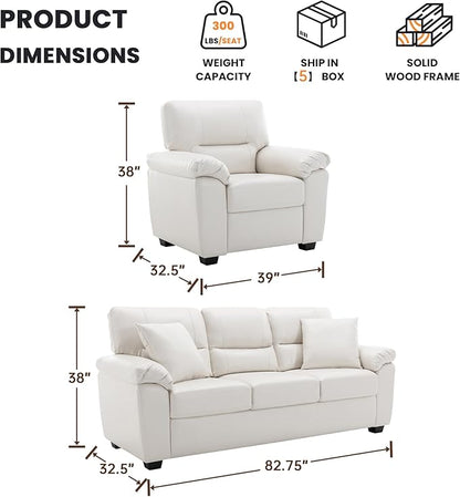 Morden Fort Faux Leather Chair and 3 Seater Sofa Set, Modern Luxury Furniture with Removable and Easy to Clean Cushions, Skin-Friendly Wide Arm for Living Room Apartment Office Lounge, White