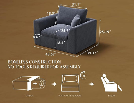 48.6" Single Sofa, Small Boneless Couches for Living Room, Cloud Couch for Bedroom, Office, Grey