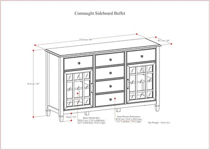 SIMPLIHOME Connaught Buffet - 60 inch Wide Solid Wood 3-Door Sideboard Buffet in Chestnut Brown, Traditional Storage Cabinet for Dining Room or Kitchen with Adjustable Shelves and Classic Molding