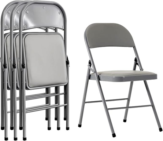 4PCS Elegant Folding Metal Chairs with Padded Seats,Potable Iron & PVC Durable Chairs for Convention & Exhibition Easy to take fit for Any Occasions 330lbs Capacity (Grey, 4 PCS)