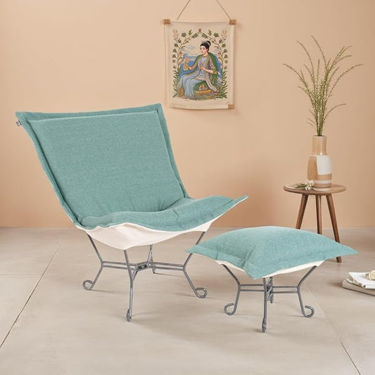 Howard Elliott Scroll Puff Ottoman Chair With Cover, Multipurpose Alternate Seating Footstool Footrest Chair with Titanium Frame, Patio Furniture for Camping, Home, Indoor & Outdoor, Sterling Breeze