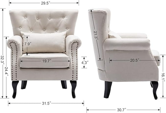 Mid Century Modern Accent Chair Upholstered Armchair Comfy Linen Fabric Single Sofa with Tufted Wingback for Small Spaces Bedroom Living Room, Beige