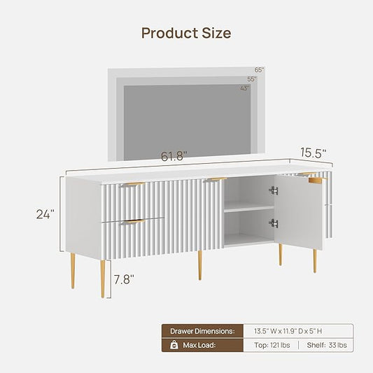 SICOTAS TV Stand for 55/60/65/70 Inch TV - 62 Inch TV Stands for Living Room Entertainment Center with 4 Drawers, Fluted Modern TV Media Console Television Cabinet for Bedroom (White,1 Piece)