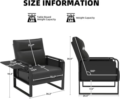 Upholstered Accent Sofas Set of 2, Modern Faux Leather Sofa Chairs with Foldable Side Tray Table & Storage Pocket, Small Accent Sofas for Living Room, Bedroom, Black
