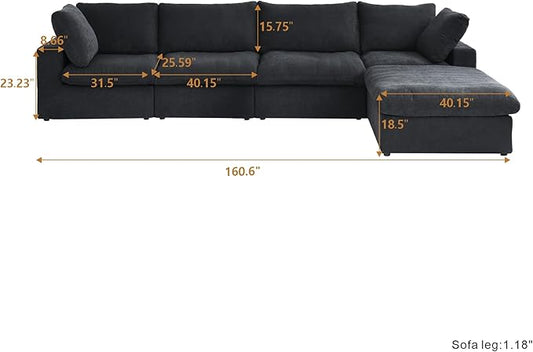 Cloud Couch Modular Sectional Sofa with Storage Ottoman,160.6" L Shaped Couch for Living Room,Down Filled 5 Seater Black Convertible Sectional Sofas,Covers Washable&Replaceable