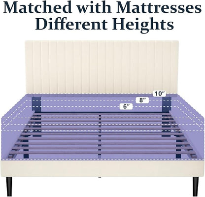 Full Size Platform Bed Frame with Velvet Upholstered Headboard, Full Bed Frame with Strong Wood Slats, Mattress Foundation, Box Spring Optional, Easy Assembly, Beige