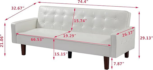 74" Loveseat Sofa with Vintage Button Tufting, Faux Leather Convertible Sleeper Futon Sofa Bed with Spring Cushion and Wood Legs for Apartments, Offices, Reception Areas, Living Rooms, White