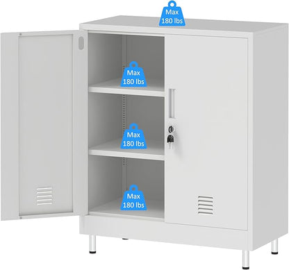 Metal Storage Cabinet with Locking Doors and Adjustable Shelves, Small Lockable Storage Cabinet for Home Office Garage Pantry Entryway Living Room (White)