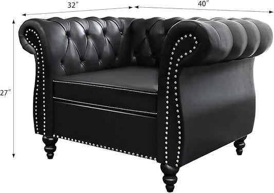 Living Room Chair, Modern Leather Chesterfield Sofa Chair, Mid Century Single Sofa Couch Chair with Tufted Back and Rolled Arms, Accent Sofa Chair for Living Room Apartment, Black