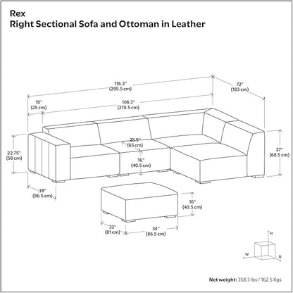 SIMPLIHOME Rex Right Corner Sectional Modular Sofa and Ottoman Set in Full-Grain Genuine Leather, Sienna, 116-inch-wide L-Shaped Leather Sofa and Matching 34-inch-Wide Table Ottoman for Living Room