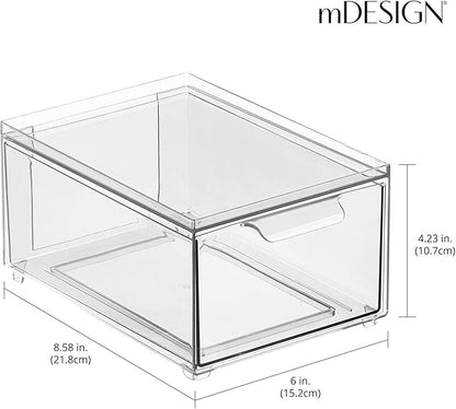 mDesign Plastic Bathroom Organizer Bin w/Pull Out Drawer - Slim Stackable Storage Container for Bathroom Accessories - Perfect for Organizing Bathroom Cabinet - Lumiere Collection - 4 Pack - Clear