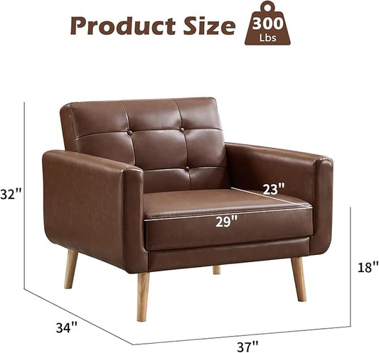 CANMOV 29" W Oversized Leather Accent Chair, Armchair Button Back, Mid Century Modern Accent Chairs for Living Room, Modern Upholstered Bed Room Chair Cozy Armchair with Wood Legs, Brown