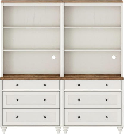 3 Tier Bookshelf with 3 Drawers, 72" Tall Bookcase Large Farmhouse Display Book Case Shelf with 3-Tier Open Book Shelfs，Library Wood Bookshelves for Living Room & Kitchen & Bedroom, Off White, 2 PCS