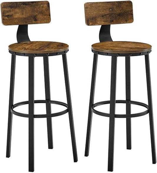 VASAGLE Bar Stools Set of 2, Bar Height Stools, 28.9 Inches Counter Barstools Chairs with Back for Dining Kitchen Island, Steel Frame, Industrial Style, Easy Assembly, Rustic Brown and Ink Black