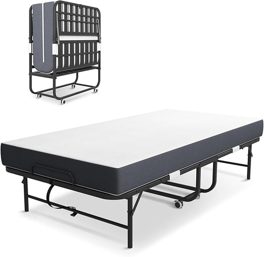 Folding Bed with Mattress for Adults, 75" x 38" Foldable Bed, Twin Size Metal Bed Frame with Wheels, Portable Rollaway Bed for Guest, Travel