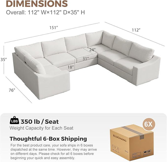 ABCASA U Shaped Sectional Sofa with Detachable Cover, Modular Couch for Living Room, Breathable Linen Fabric Corner Couch with 9 Seats, Ivory