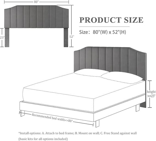 King Size Headboard Only, Velvet Upholstered Headboard King/California King Size Wall Mount and Bed Frame Mount, Featuring High-Density Sponge Padding Easy Assembly Comfort Style-Dark Gray