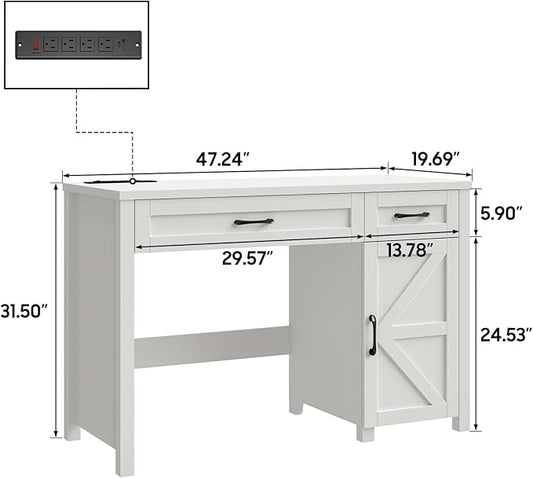 Farmhouse 47" Executive Desk, Computer Desk with Drawers and Storage Cabinet, Workstation Computer Desk for Home Office, Study.Cream White