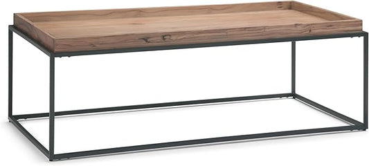SIMPLIHOME Carter Coffee Table - 47 inch Wide Solid Acacia Wood Industrial Tray Top Cocktail Table in Natural Acacia, Stylish Living Room Table with Fixed Tray Shelf and Metal Base