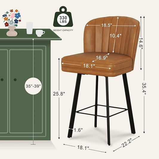 Swivel Counter Height Bar Stools Set of 2, 26'' Modern Barstools with Backs and Metal Legs, Upholstered Bar Chairs, Faux Leather Whiskey Brown Stools for Kitchen Island Chairs