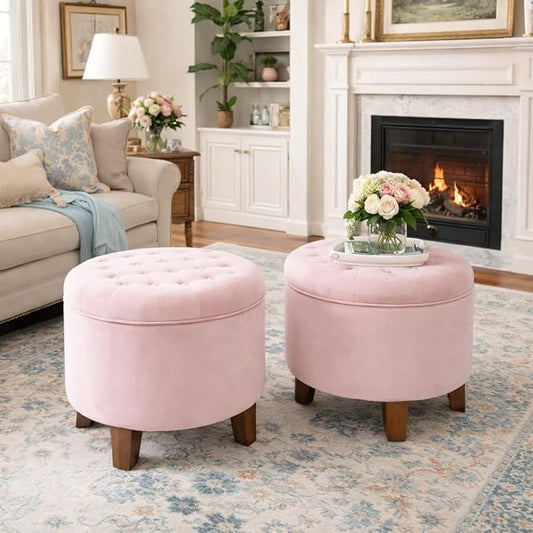 Homepop Home Decor | Upholstered Round Velvet Tufted Foot Rest Ottoman | Ottoman with Storage for Living Room & Bedroom | Decorative Home Furniture, Pink Blush Small