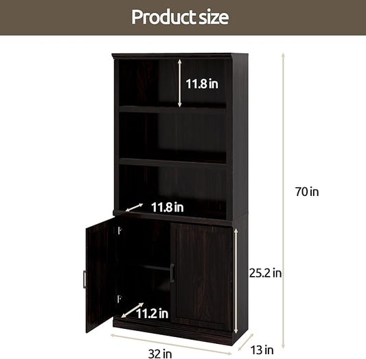 70 Inch Tall Bookcase with Doors, Library Office Bookshelf with Adjustable Shelves, Floor Standing Storage Cabinet for Bedroom Living Room Organizer with Anti Tipping Kit, Dark Cherry Finish