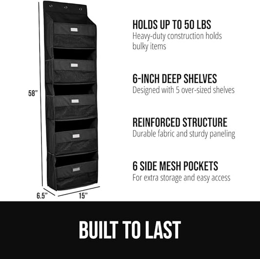 GORILLA GRIP Over The Door Organizer Storage, 5 Deep Hanging Shelves, Holds 50lbs, Closet Organizers Shelf for Bedroom, Bathroom, Nursery, Dorm Essentials, 3 Metal Hooks, 58x15 Inches, Black