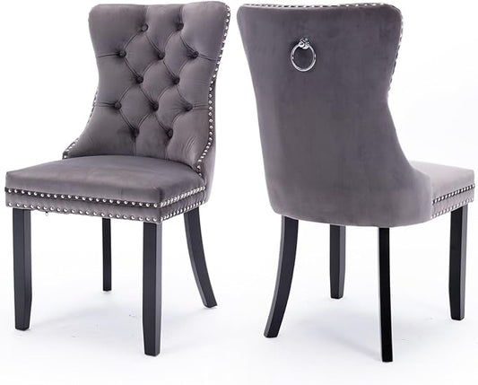 Velvet Upholstered Dining Chairs Set of 2, Modern Style Kitchen Side Chairs with Nailhead Trim and Wood Legs,Metal Pulling Ring for Dining Room Living Room(Grey,Set of 2)