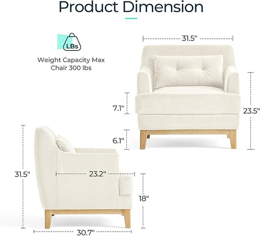 LINSY Accent Chair, Large Reading Chair with Rubberwood Base, Mid Century Modern Armchair with Lumbar Pillow, Cozy Single Sofa Chair for Living Room Bedroom Office Study, Velvet Arm Chair, Beige