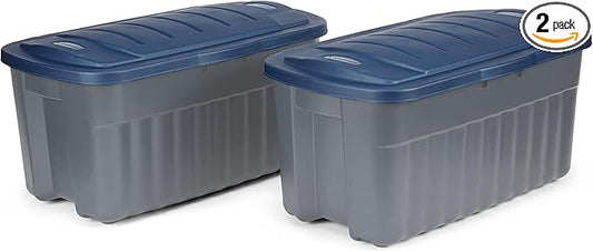 Rubbermaid Roughneck️ 40 Gallon Storage Totes, Pack of 2, Durable Stackable Storage Containers with Hinged Lids, Nestable Plastic Storage Bins for Tools, Toy Storage, Grey and Dark Indigo Metallic