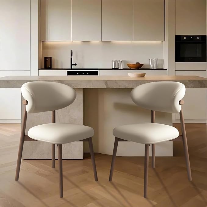 Upholstered Dining Chairs Set of 2,Mid Century Modern Kitchen Chairs with Back and Wood Frame,Faux Leather Dinner Chairs (Light Khaki + Light Walnut Legs, Set of 2)