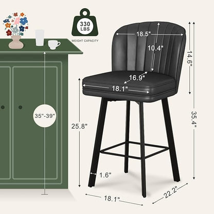 Swivel Counter Height Bar Stools Set of 2, 26'' Modern Barstools with Backs and Metal Legs, Upholstered Bar Chairs, Faux Leather Black Stools for Kitchen Island Chairs