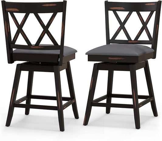 COSTWAY Bar Stool Set of 2 for Kitchen Island, 25" Counter Height Chair with Ergonomic Backrest, Foot Rest, Waterproof PVC Surface & Solid Wood Structure, 360°Swivel Farmhouse Barstool with Back