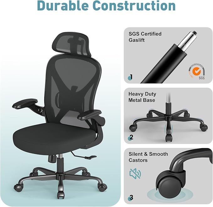 ZZH Ergonomic Office Chair Set of 2 with Adjustable Lumbar Support and Headrest, Mesh Home Office Desk Chair with Wheels and Flip-up Arms, Black