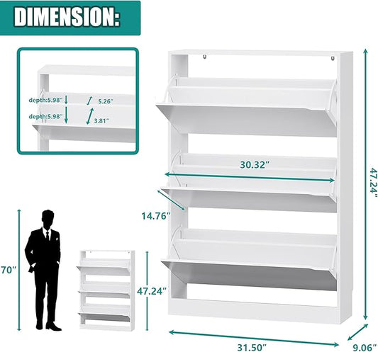 Shoe Storage Cabinet for Entryway with 3 Flip Drawers, Sturdy Wood Hidden Shoe Storage, Freestanding Narrow Slim Shoe Organizer for Front Door Entrance, Living Room, Hallway, Bedroom, White