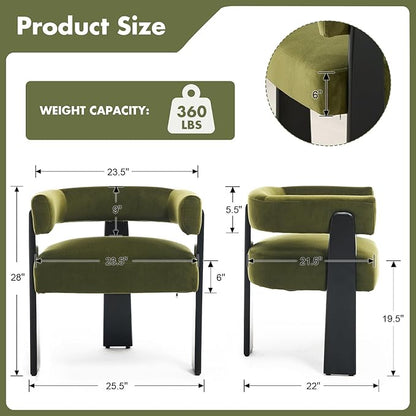Modern Dining Chairs Set of 2, Upholstered Velvet Barrel Accent Chairs with Backrest & Arms, Wide and Thicker Padded Kitchen Side Chair with Wooden Legs for Dining Room, Livingroom, Dark Green