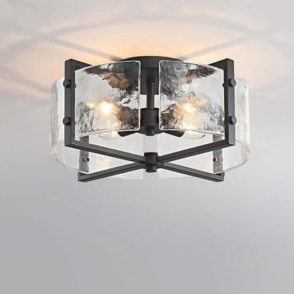 Bofea-Industrial Flush Mount Ceiling Light, Black Circular 4-Lights Farmhouse Hallway Light Fixture, Water Ripple Flush Mount Fixture Perfect for Kitchen Island,Dining Room and Hallway.