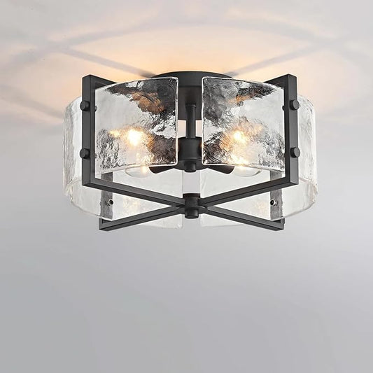 Bofea-Industrial Flush Mount Ceiling Light, Black Circular 4-Lights Farmhouse Hallway Light Fixture, Water Ripple Flush Mount Fixture Perfect for Kitchen Island,Dining Room and Hallway.