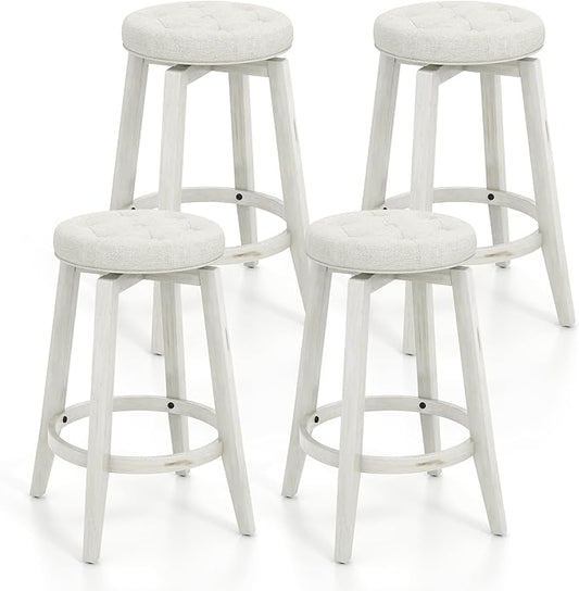 COSTWAY 360° Swivel Bar Stools Set of 4, 30-inch Height Vintage Upholstered Rubberwood Backless Bar Chairs with Footrest, Retro Kitchen Counter Stools for Kitchen Island Dining Room Home Bar, White