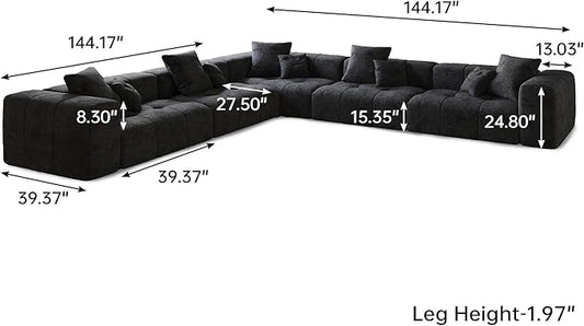 JACH V-Shaped Modular Sectional Sofas for Living Room, Modern Cloud Couch, Mid Century Modern Modular Sofa, Cozy Sleeper Sofa for Living Room (Linen Fabric, Black)