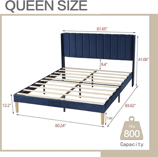 AGARTT Upholstered Platform Bed Frame Queen Size with Headboard and Footboard/Wooden Slats Support/No Box Spring Needed/Easy Assembly,Blue Velvet