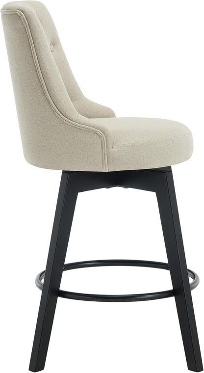 MINCETA Set of 2 Upholstered Bar Stools - 26 Inch Swivel Counter Height Stools with Low Tufted Back, Footrest & Performance Fabric - Khaki Round Seat for Kitchen Island & Home Bar