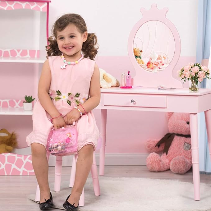Costzon Kids Vanity Set, Wooden Princess Makeup Table with Cushioned Stool, Large Drawer, Solid Wooden Legs and Crown Mirror, Pretend Beauty Make Up Dressing Play Set for Girls Best Gift (Pink)